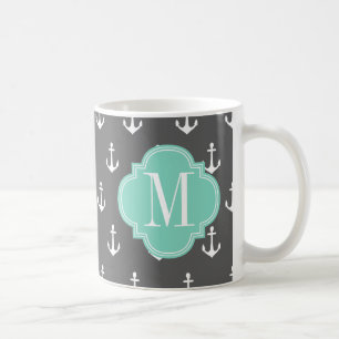 Girly Nautical Anchors Charcoal Aqua Personalized Coffee Mug