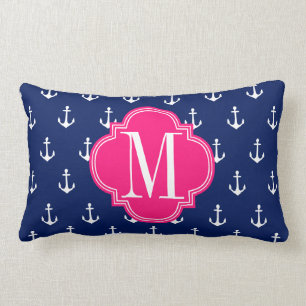 Girly Nautical Anchors Navy Pink Personalized Lumbar Pillow