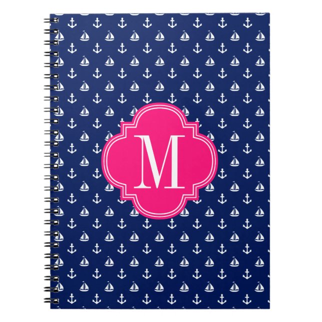 Girly Nautical Anchors Navy Pink Personalized Notebook (Front)