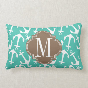 Girly Nautical Anchors Turquoise brown Personalize Lumbar Pillow