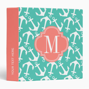 Girly Nautical Anchors Turquoise Coral Personalize Binder