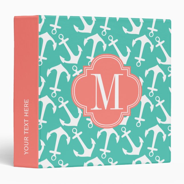 Girly Nautical Anchors Turquoise Coral Personalize Binder (Front/Spine)