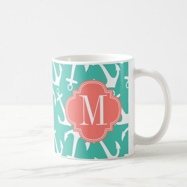Girly Nautical Anchors Turquoise Coral Personalize Coffee Mug (Right)