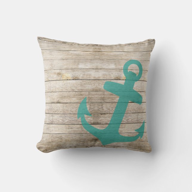 Girly Nautical Blue Anchor and Wood Look Throw Pillow (Front)