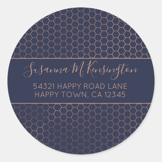 Girly Navy and Rose Gold Foil Hexagon Address Classic Round Sticker (Front)