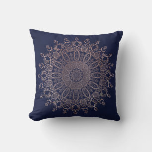 Girly Navy Blue and Rose Gold Mandala Boho Throw Pillow