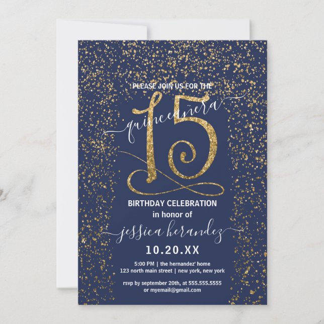 Girly Navy Blue Gold Confetti Border Quinceañera Invitation (Front)