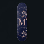 Girly Navy Blue Marble Rose Gold Foil Monogram Skateboard<br><div class="desc">Girly Navy Blue Marble Rose Gold Foil Monogram Skateboard with trendy coppery rose gold/pink on navy blue marble and your custom monogram. Perfect for your girly,  luxury aesthetic.</div>