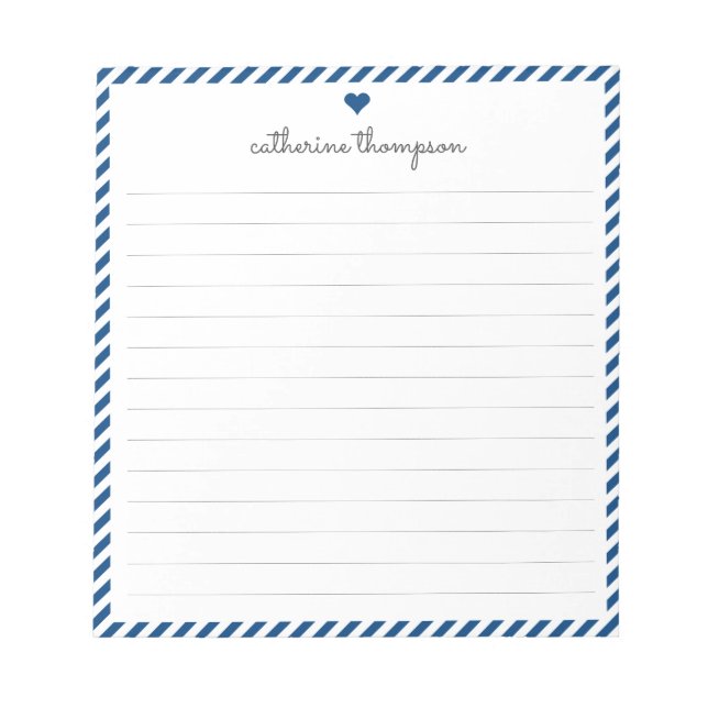Girly Navy Blue Stripe Feminine Script Heart Name Notepad (Front)