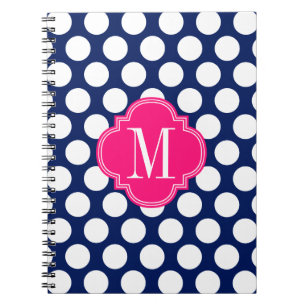 Girly Navy & Pink Big Dots Monogrammed Notebook