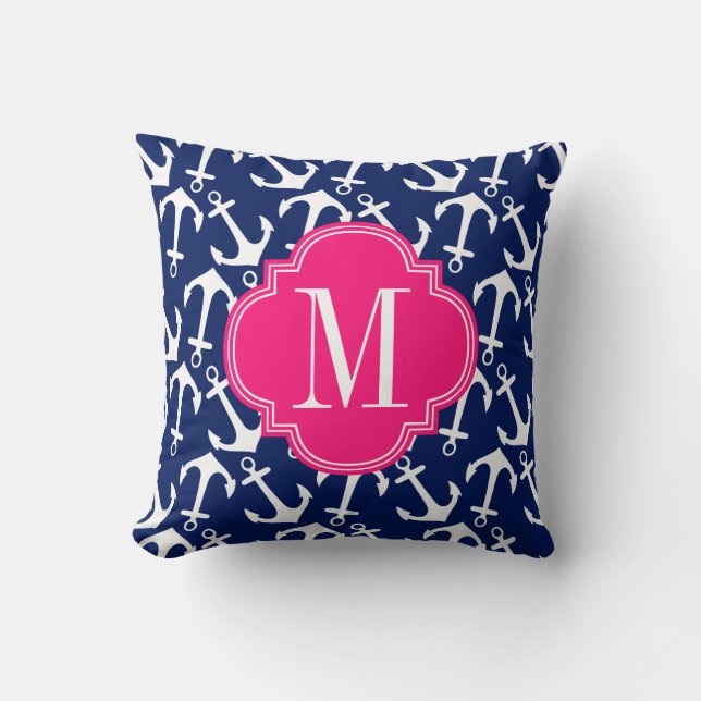 Girly Navy & Pink Diamond Lattice Personalized Throw Pillow (Front)