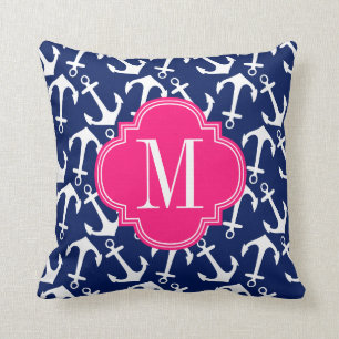 Girly Navy & Pink Diamond Lattice Personalized Throw Pillow