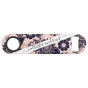 Girly Navy Rose Gold Glitter Floral Illustrations Bar Key