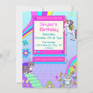 Girly Neon Gamer Birthday Party with animals Invitation