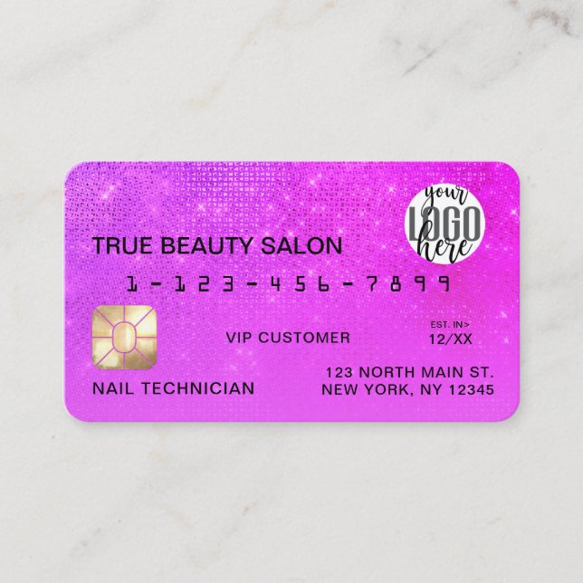 Girly Neon Magenta Sequin Glitter Credit Card Logo (Front)