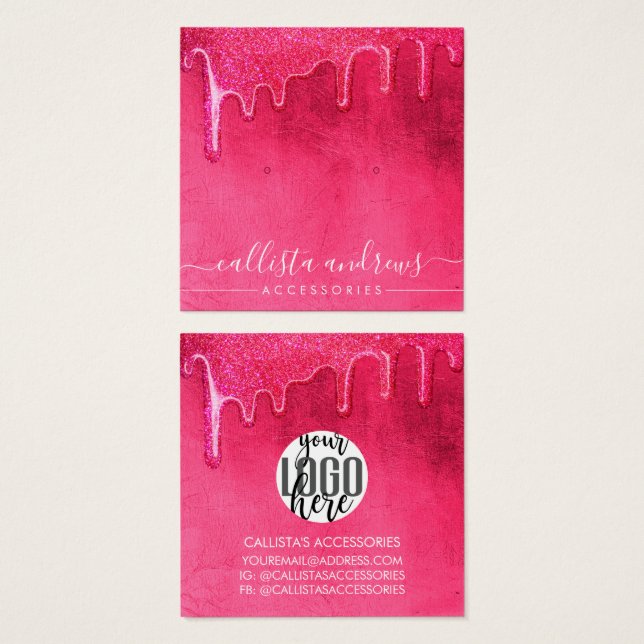 Girly Neon Pink Thick Glitter Drips Earring Logo (Front & Back)