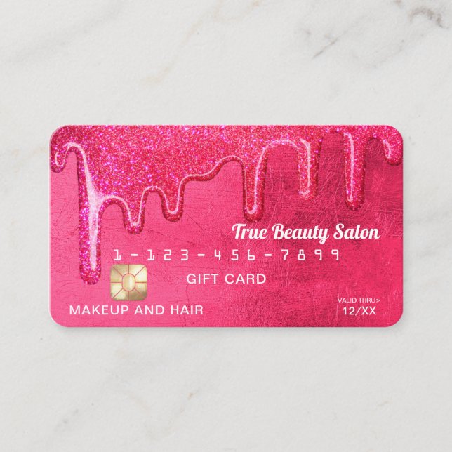 Girly Neon Pink Thick Glitter Drips Gift Credit Business Card (Front)