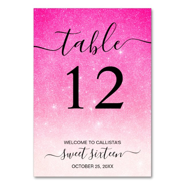 Girly Neon Pink White Glitter Ombre Table Number (Front)