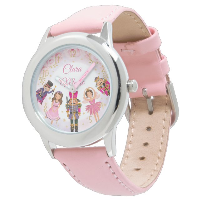 Girly Nutcracker Ballerina Blush Pink Gold Floral Watch (Angled)