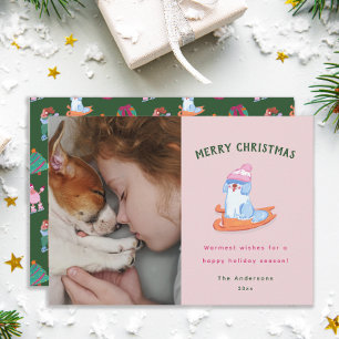 Girly Old English Sheepdog Sledge Pink Christmas  Holiday Card
