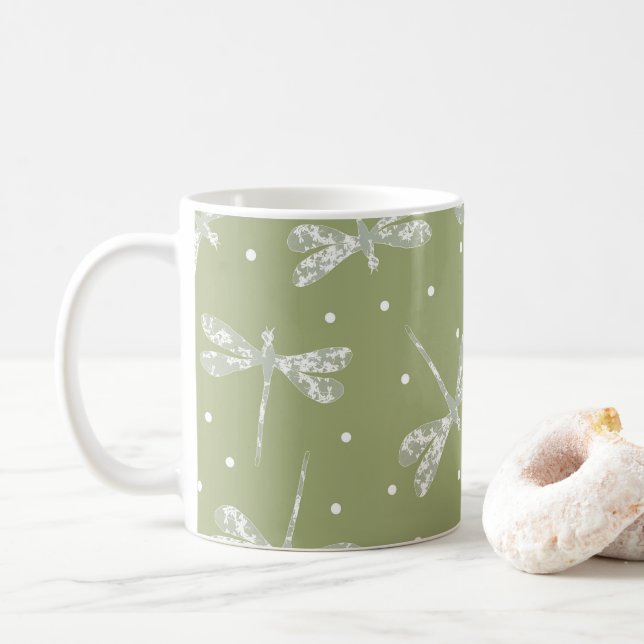 Girly olive green white dots and dragonflies coffee mug (With Donut)