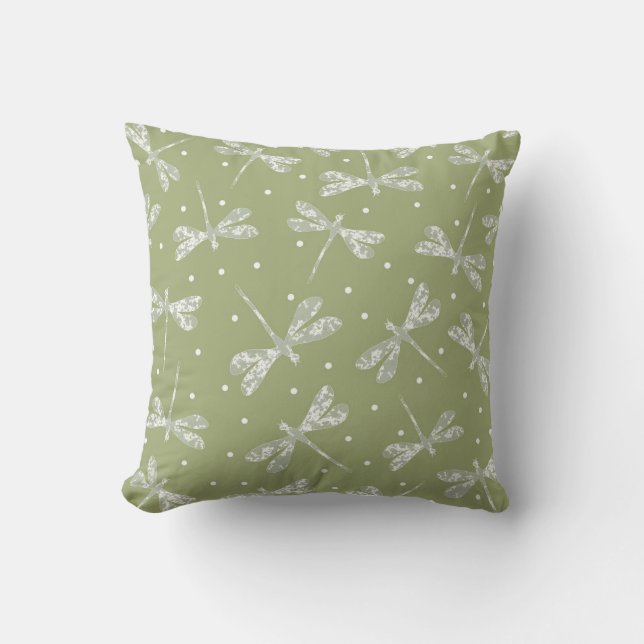 Girly olive green white dots and dragonflies throw pillow (Front)