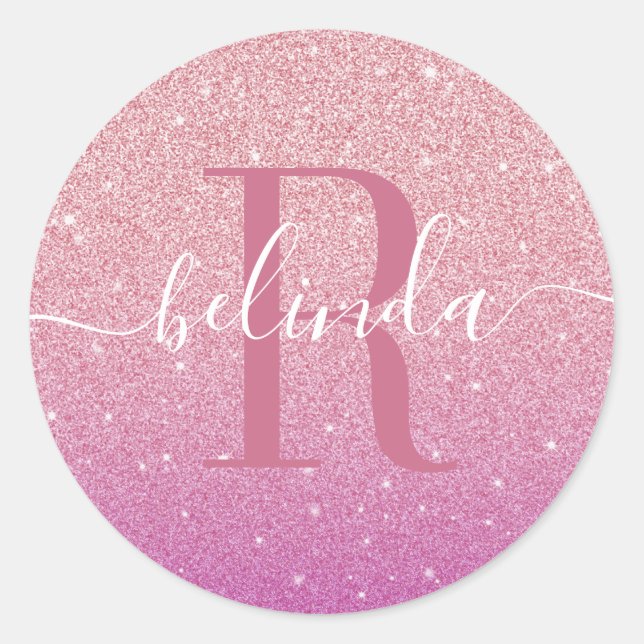 Girly Ombre Pink Purple Glitter Monogram Name Classic Round Sticker (Front)