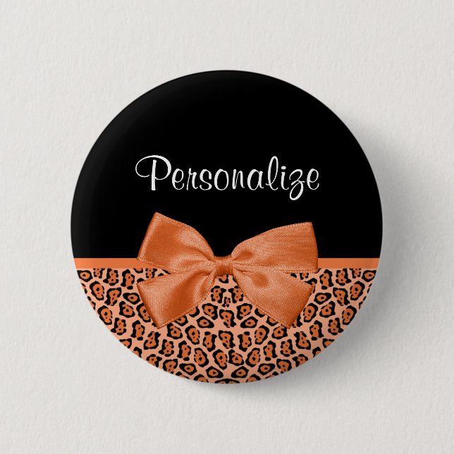 Girly Orange Black Jaguar Cute Ribbon With Name 2 Inch Round Button (Front)