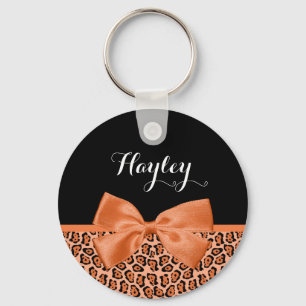 Girly Orange Black Jaguar Cute Ribbon With Name Keychain