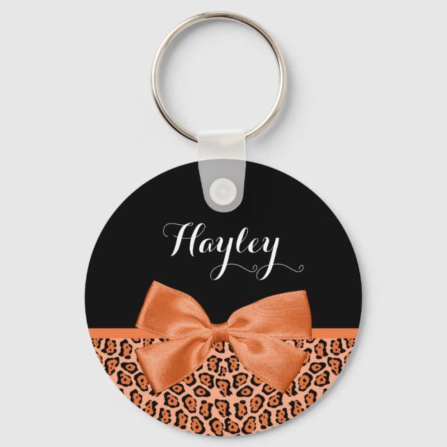 Girly Orange Black Jaguar Cute Ribbon With Name Keychain (Front)