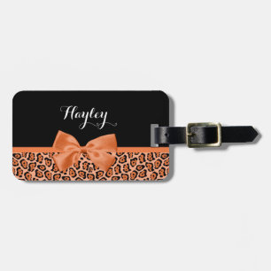 Girly Orange Black Jaguar Cute Ribbon With Name Luggage Tag