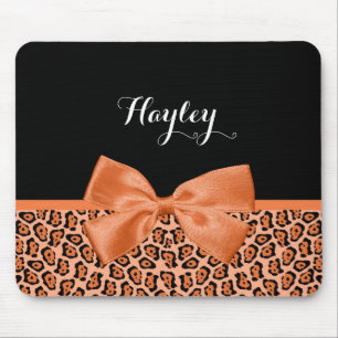 Girly Orange Black Jaguar Cute Ribbon With Name Mouse Pad