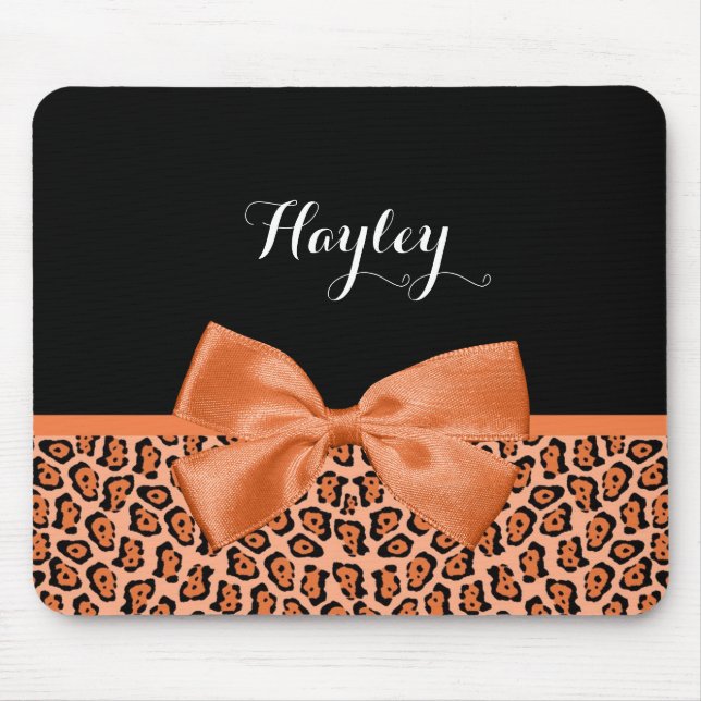 Girly Orange Black Jaguar Cute Ribbon With Name Mouse Pad (Front)