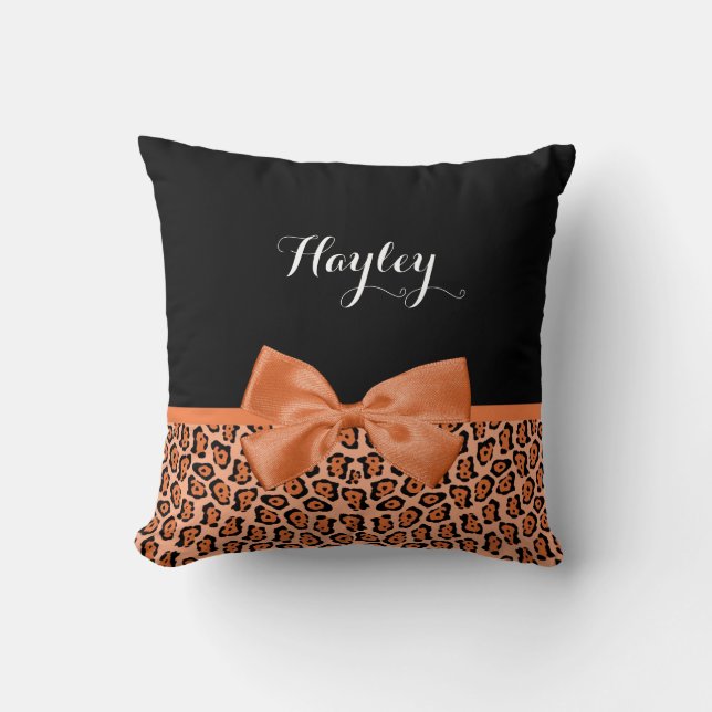 Girly Orange Black Jaguar Cute Ribbon With Name Throw Pillow (Front)