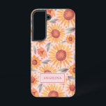 Girly Orange Floral Blush Pink Botanical Samsung Galaxy Case<br><div class="desc">This cute, girly phone case is perfect for working professionals and girl bosses who love pretty modern watercolor sunflowers. Design features trendy hand-painted yellow sunflowers flowers with sage green leaves against a blush pink background. Simply customize with your own name. The text and background colour can be customized to any...</div>