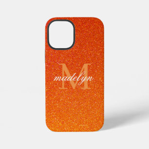 Girly Orange Glitter Sparkles Monogram Script Name iPhone 12 Mini Case