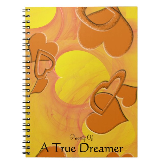 Girly Orange Hollow Solid Floating Heart Shapes Notebook (Front)