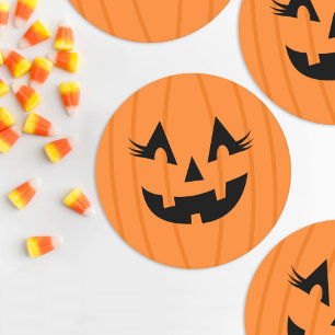 Girly Orange Jack o Lantern Eyelashes Pumpkin Round Paper Coaster