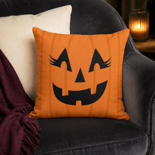 Girly Orange Jack O Lantern Pumpkin Face Halloween Throw Pillow
