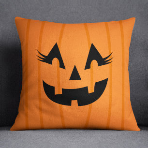 Girly Orange Jack O Lantern Pumpkin Face Halloween Throw Pillow