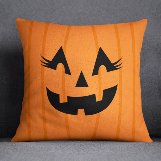 Girly Orange Jack O Lantern Pumpkin Face Halloween Throw Pillow (Creator Uploaded)