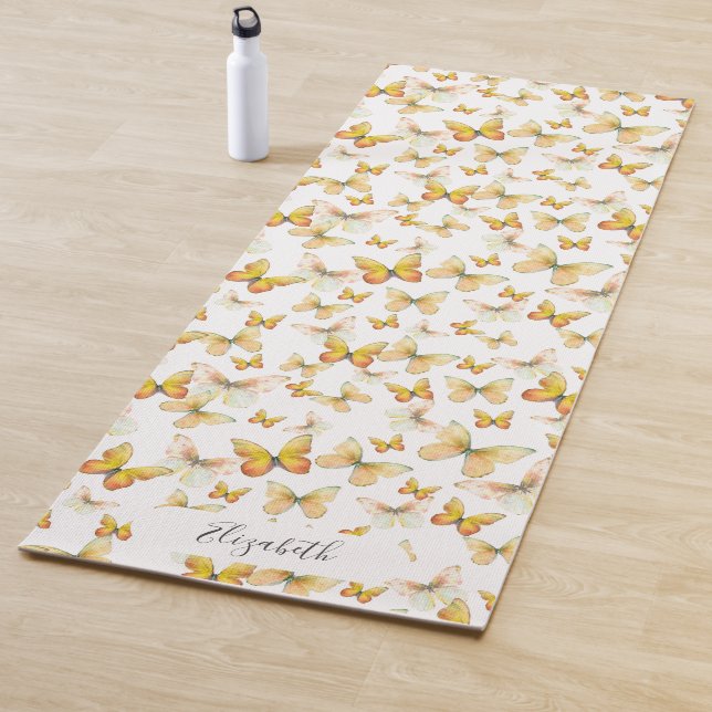 Girly Orange Pastel Butterflies Custom Name Yoga Mat (In Situ)