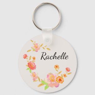Girly Orange & Pink Floral Monogrammed Keychain