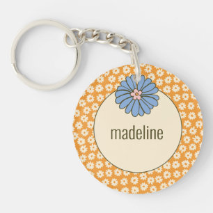 Girly Orange Retro Flower Pattern Keychain