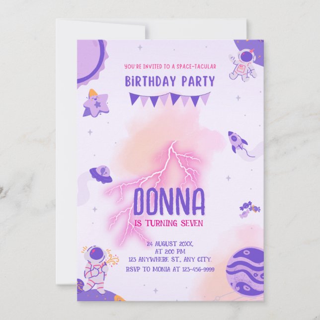 Girly Outer Space Festival Purple Pink Birthday Invitation (Front)