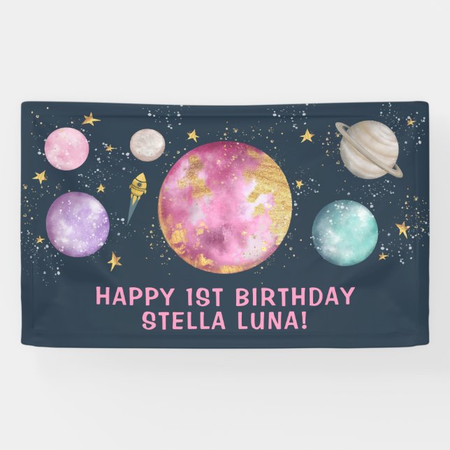 Girly Outer Space Galaxy Moon Stars Happy Birthday Banner (Horizontal)