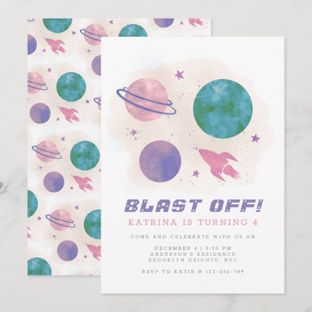 Girly Outer Space Galaxy Planet 4th Birthday Invitation (Front/Back)
