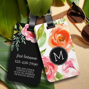 Girly Painted Watercolor Flowers Custom Monogram Luggage Tag