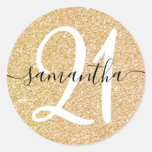 Girly Pale Faux Gold Glitter Personalized 21 Classic Round Sticker