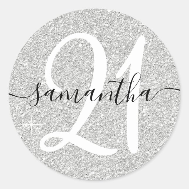 Girly Pale Faux Silver Glitter Personalized 21 Classic Round Sticker (Front)